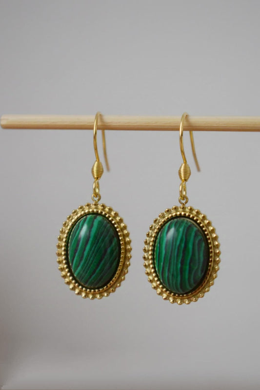 Malachite Dangle Earrings, Ornamental Gemstone Pendant, Green Handmade Jewelry, Unique Boho Earrings, Best Valentine's Day Gift For Her