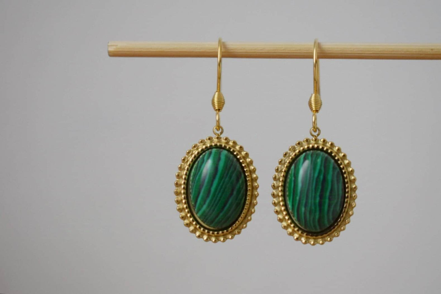 Malachite Dangle Earrings, Ornamental Gemstone Pendant, Green Handmade Jewelry, Unique Boho Earrings, Best Valentine's Day Gift For Her