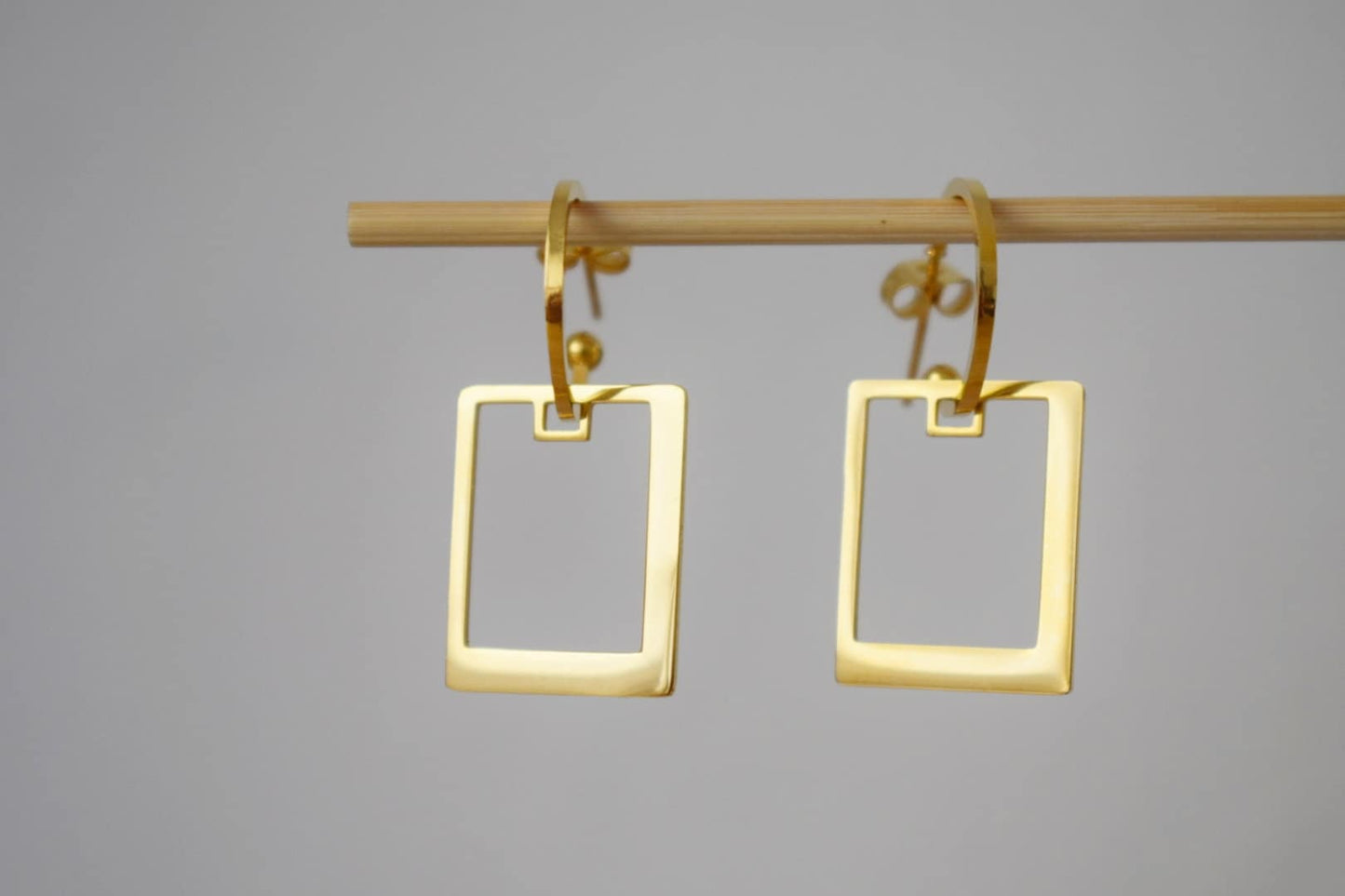 Semicircle stud earrings with rectangular pendant, Half circle gold earrings, C shape earrings, Modern statement jewelryBest christmas gift