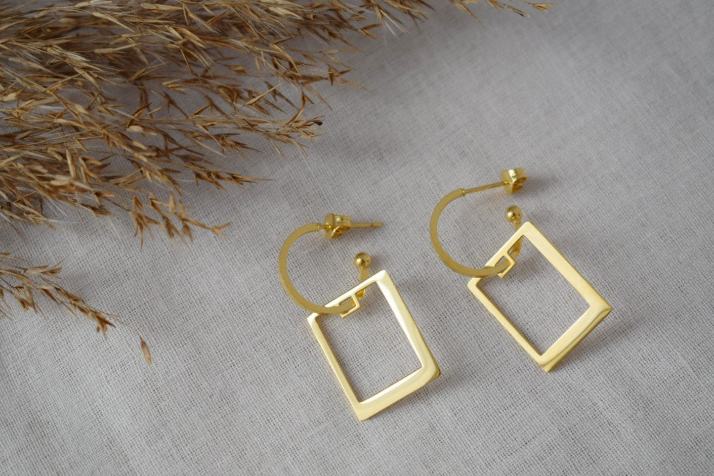 Semicircle stud earrings with rectangular pendant, Half circle gold earrings, C shape earrings, Modern statement jewelryBest christmas gift
