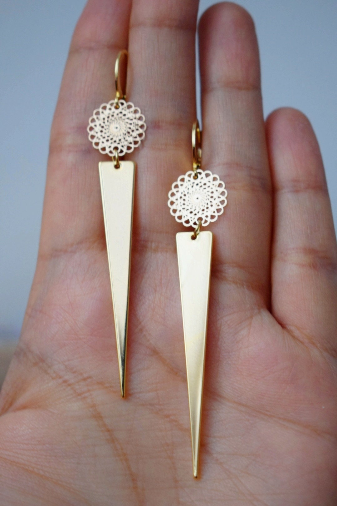 Golden mandala earrings with triangle pendant, Huggie hoops, Long geometric hanging dangle and drop earrings, Best jewelry gift for her