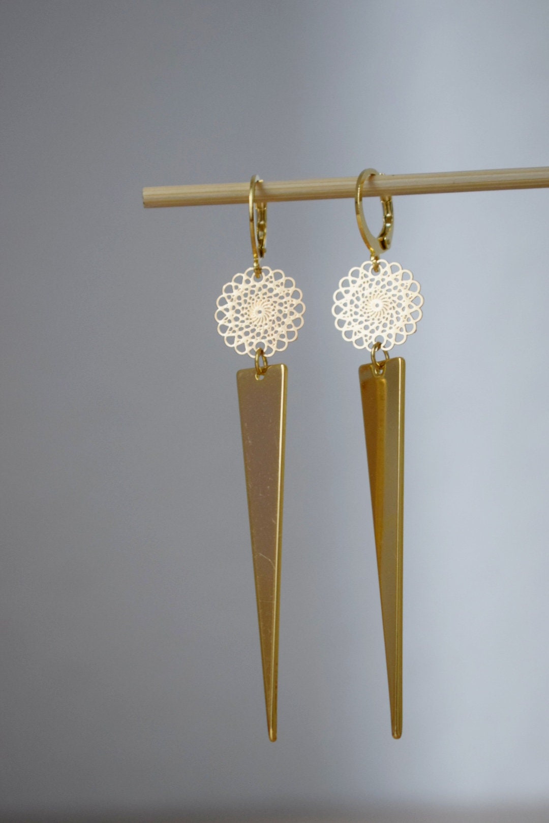 Golden mandala earrings with triangle pendant, Huggie hoops, Long geometric hanging dangle and drop earrings, Best jewelry gift for her