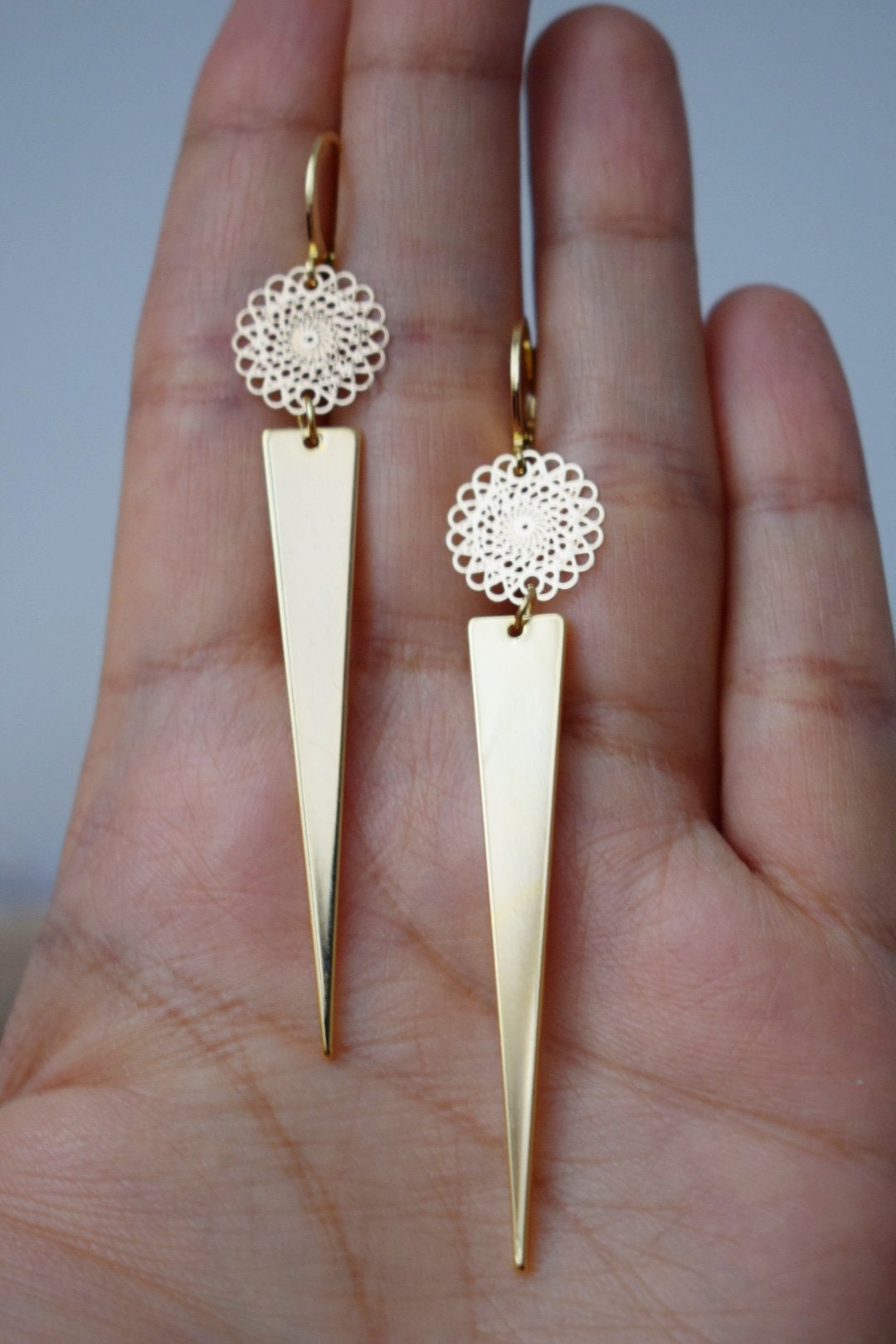 Golden mandala earrings with triangle pendant, Huggie hoops, Long geometric hanging dangle and drop earrings, Best jewelry gift for her