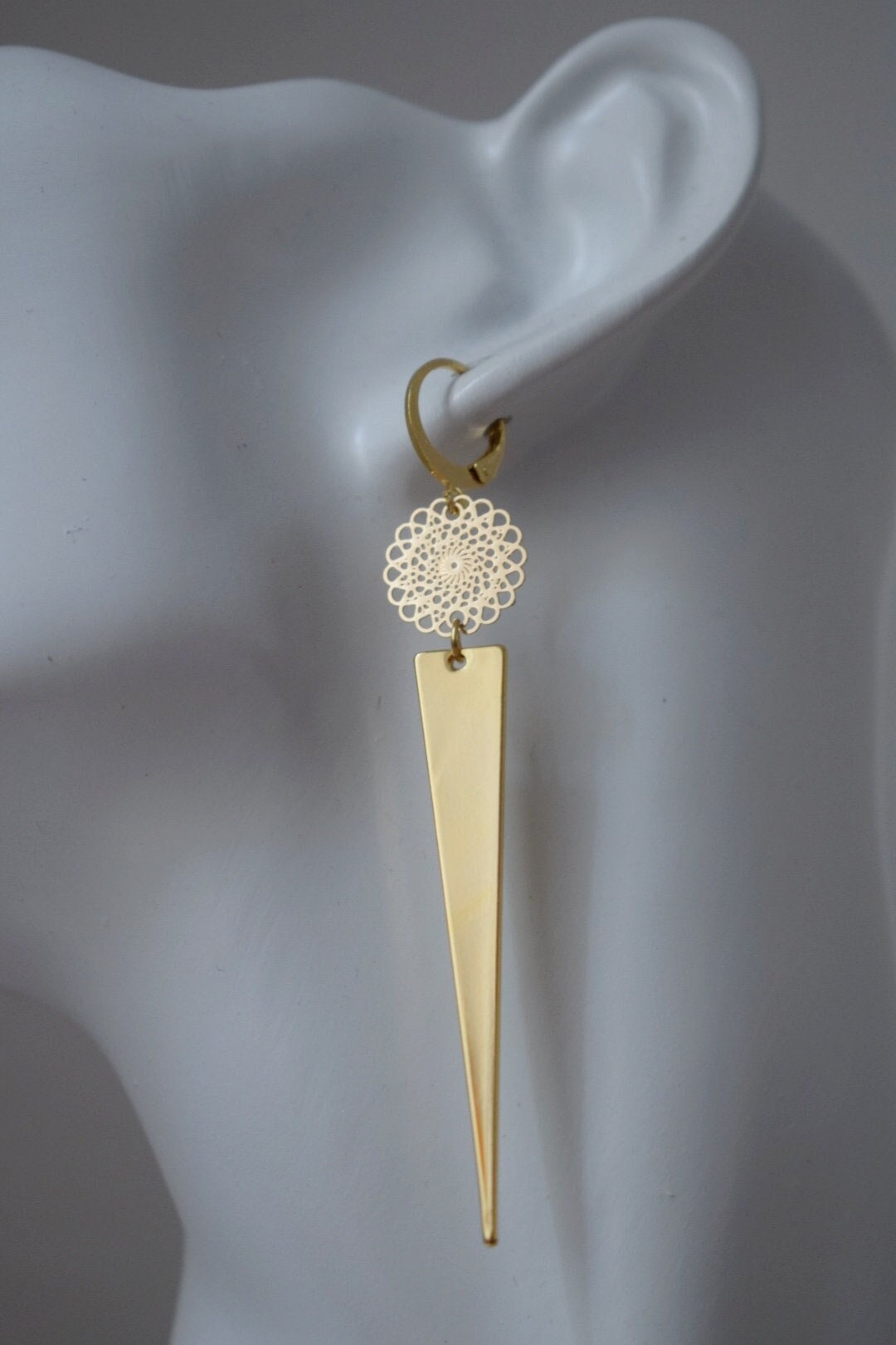 Golden mandala earrings with triangle pendant, Huggie hoops, Long geometric hanging dangle and drop earrings, Best jewelry gift for her