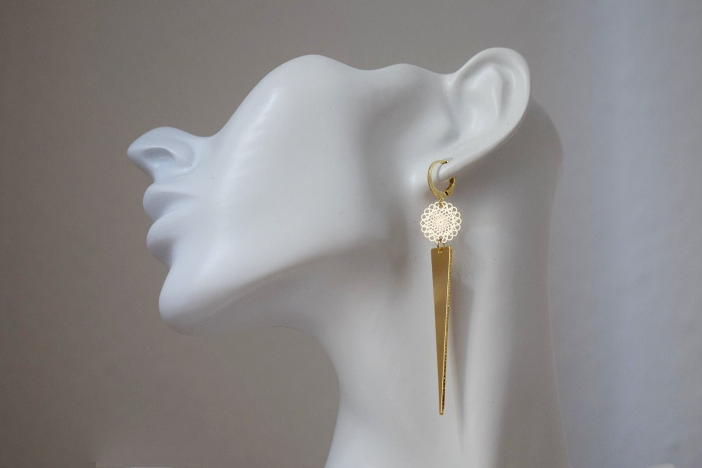 Golden mandala earrings with triangle pendant, Huggie hoops, Long geometric hanging dangle and drop earrings, Best jewelry gift for her