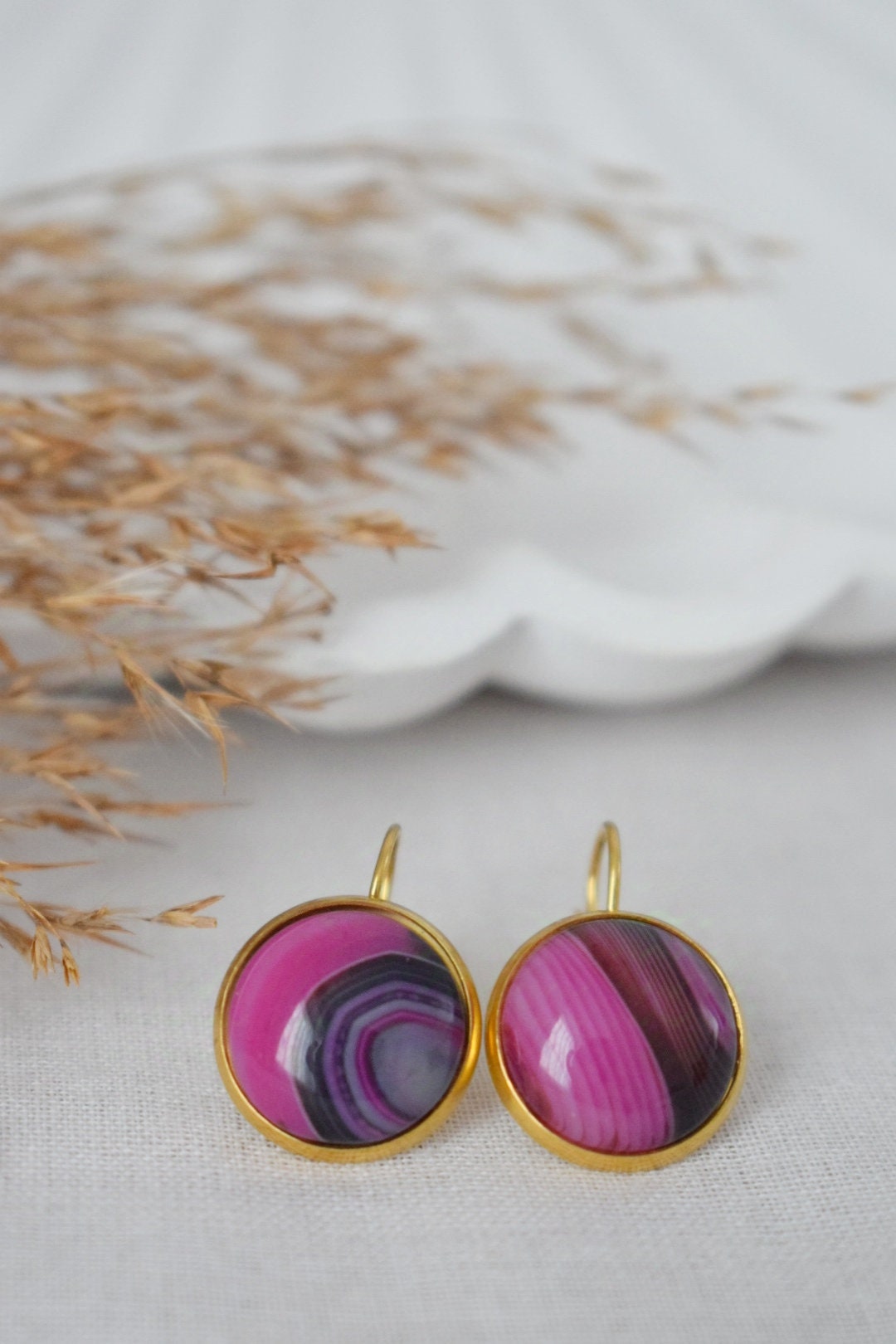 Pink Earrings Banded Agate, Gemstone lever back earrings, Pink Gold, Stainless Steel, Stone dangle earrings, Unique Jewelry, Gift for her