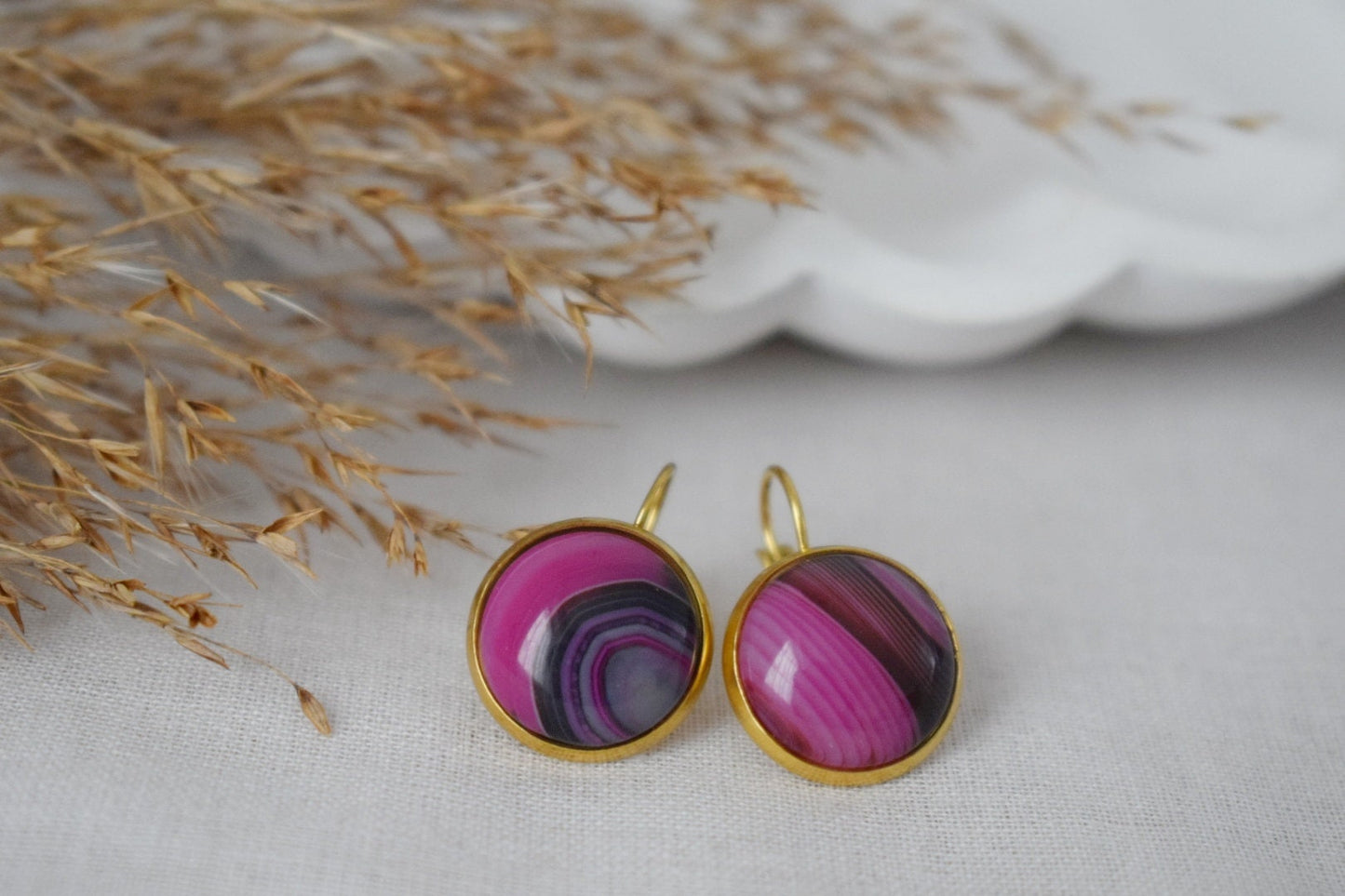 Pink Earrings Banded Agate, Gemstone lever back earrings, Pink Gold, Stainless Steel, Stone dangle earrings, Unique Jewelry, Gift for her