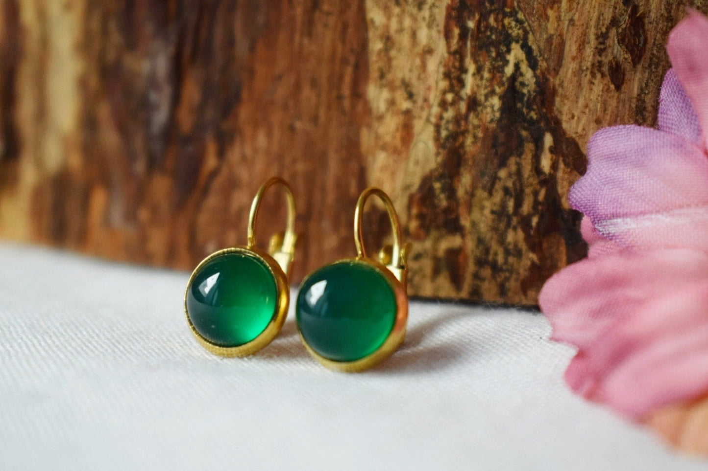 Green agate gemstone earrings, Small stone dangle earrings, 18k gold plated stainless steel lever back, Handmade jewelry, Gift for her