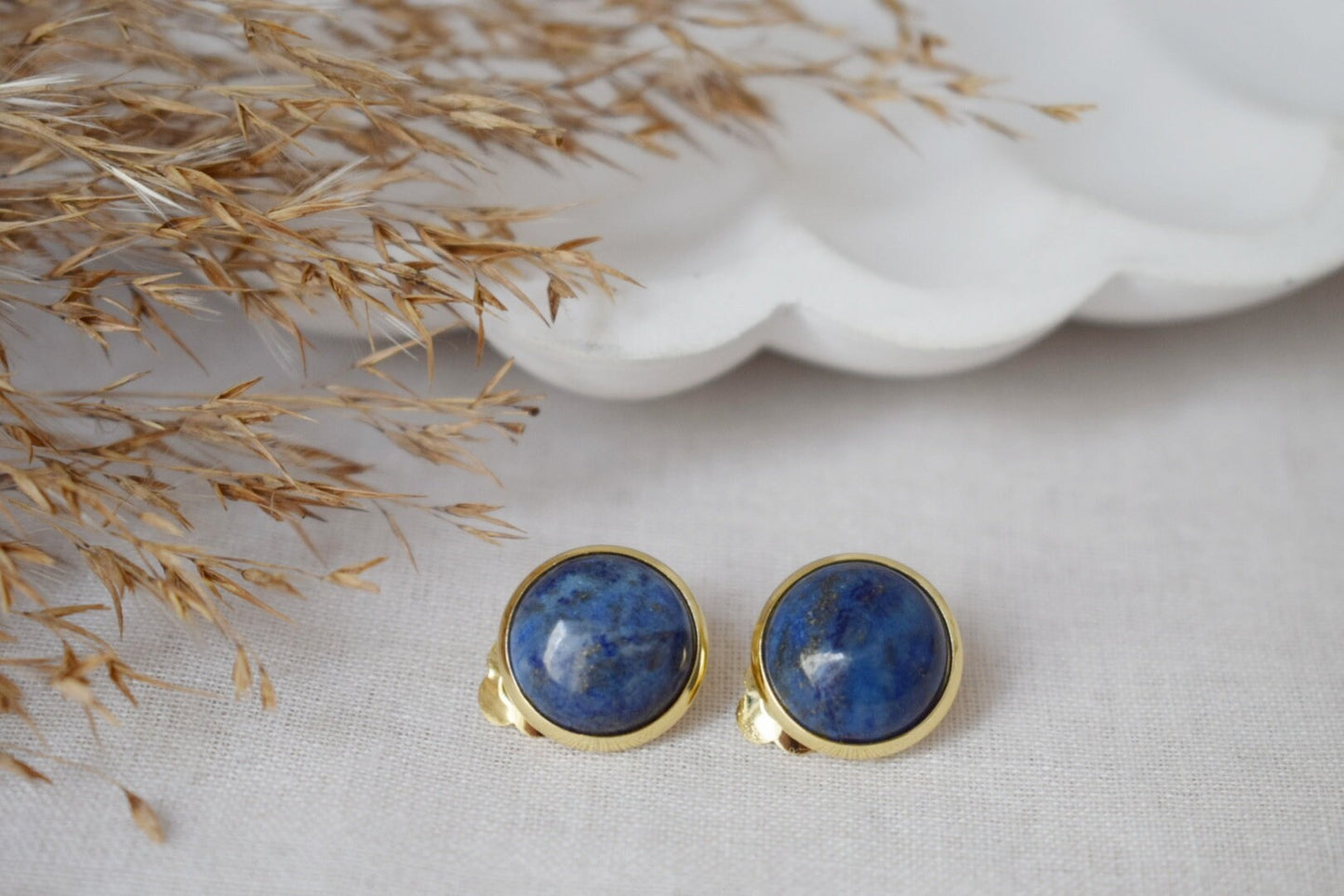 Gold plated clip on earrings lapis lazuli, Clip on earrings blue gemstone, Stainless steel, Round ear clips for women, Non pierced earrings