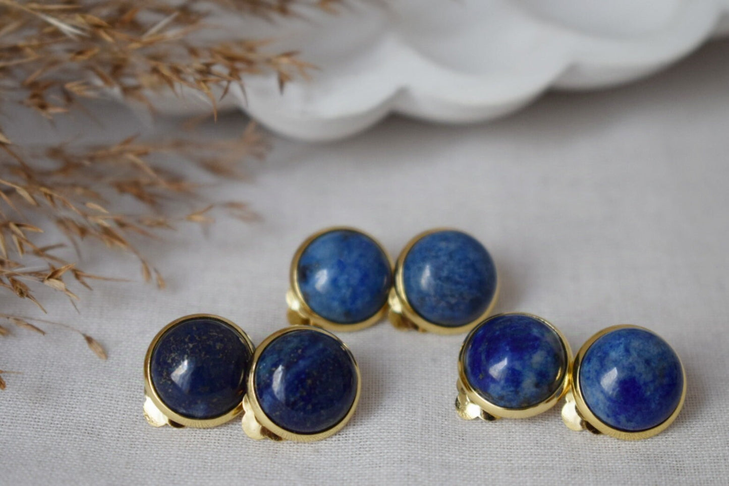 Gold plated clip on earrings lapis lazuli, Clip on earrings blue gemstone, Stainless steel, Round ear clips for women, Non pierced earrings