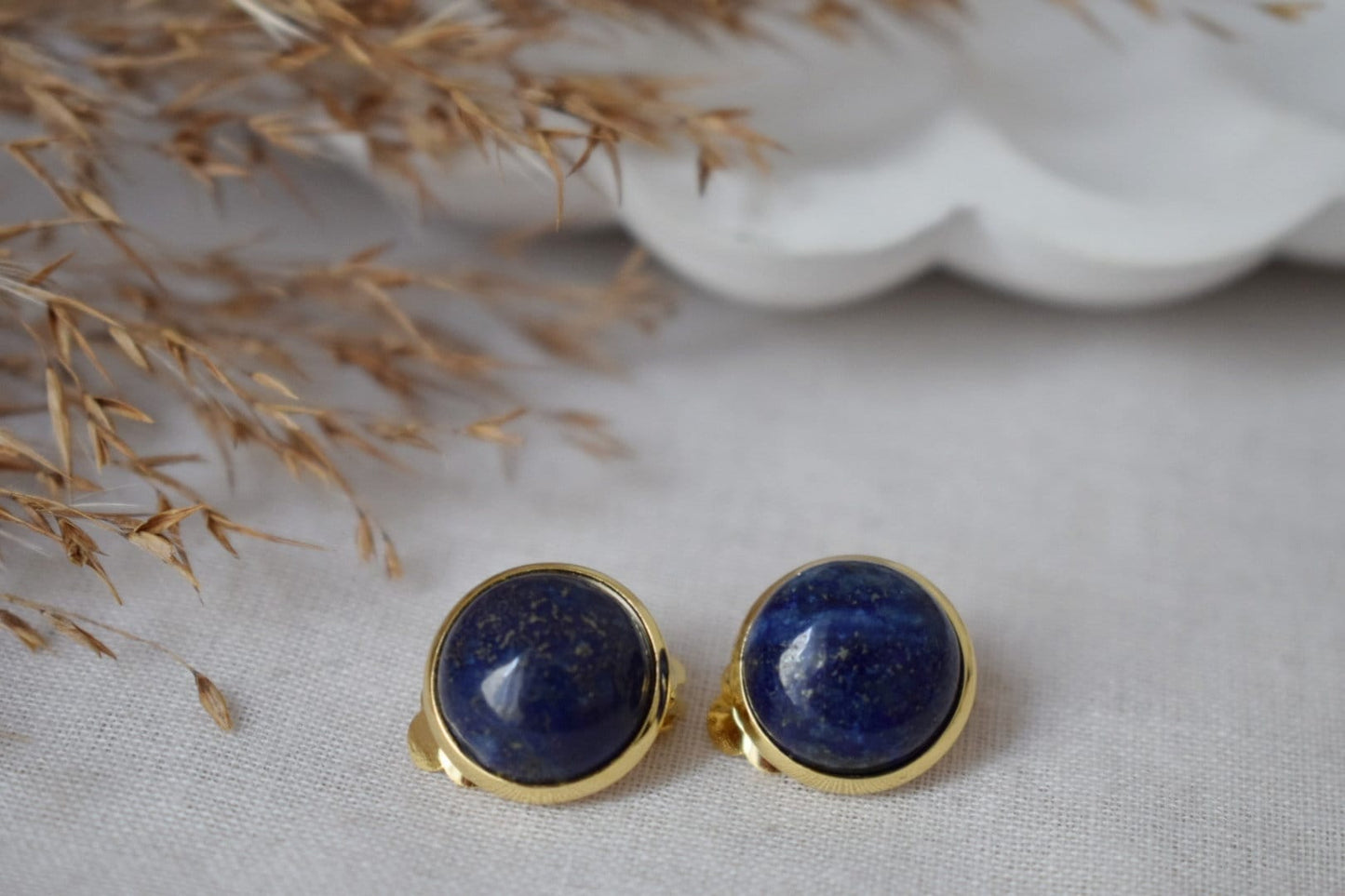 Gold plated clip on earrings lapis lazuli, Clip on earrings blue gemstone, Stainless steel, Round ear clips for women, Non pierced earrings