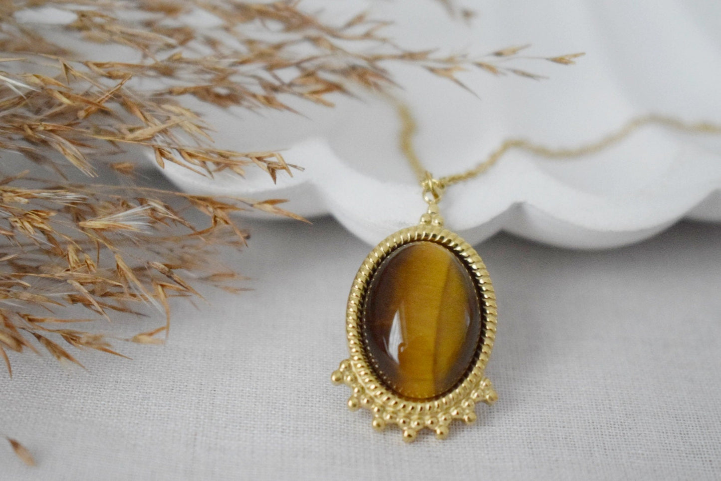 Tigers Eye Necklace Gold, Oval Gemstone Victorian Necklace For Women, Unique Pendant, Stone Statement Necklace, Best Jewelry Gift For Her