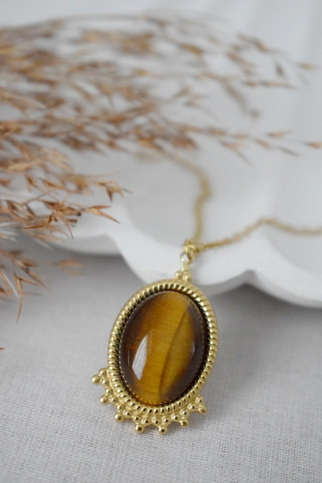 Tigers Eye Necklace Gold, Oval Gemstone Victorian Necklace For Women, Unique Pendant, Stone Statement Necklace, Best Jewelry Gift For Her