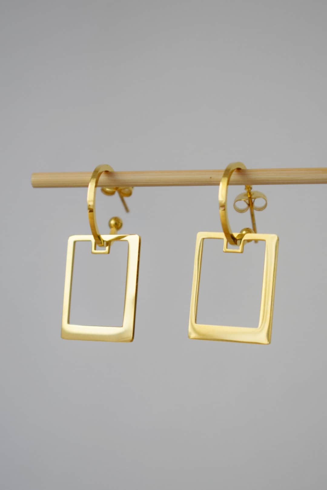 Semicircle stud earrings with rectangular pendant, Half circle gold earrings, C shape earrings, Modern statement jewelryBest christmas gift