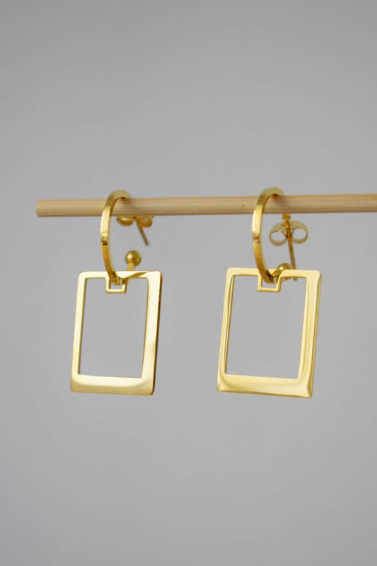 Semicircle stud earrings with rectangular pendant, Half circle gold earrings, C shape earrings, Modern statement jewelryBest christmas gift