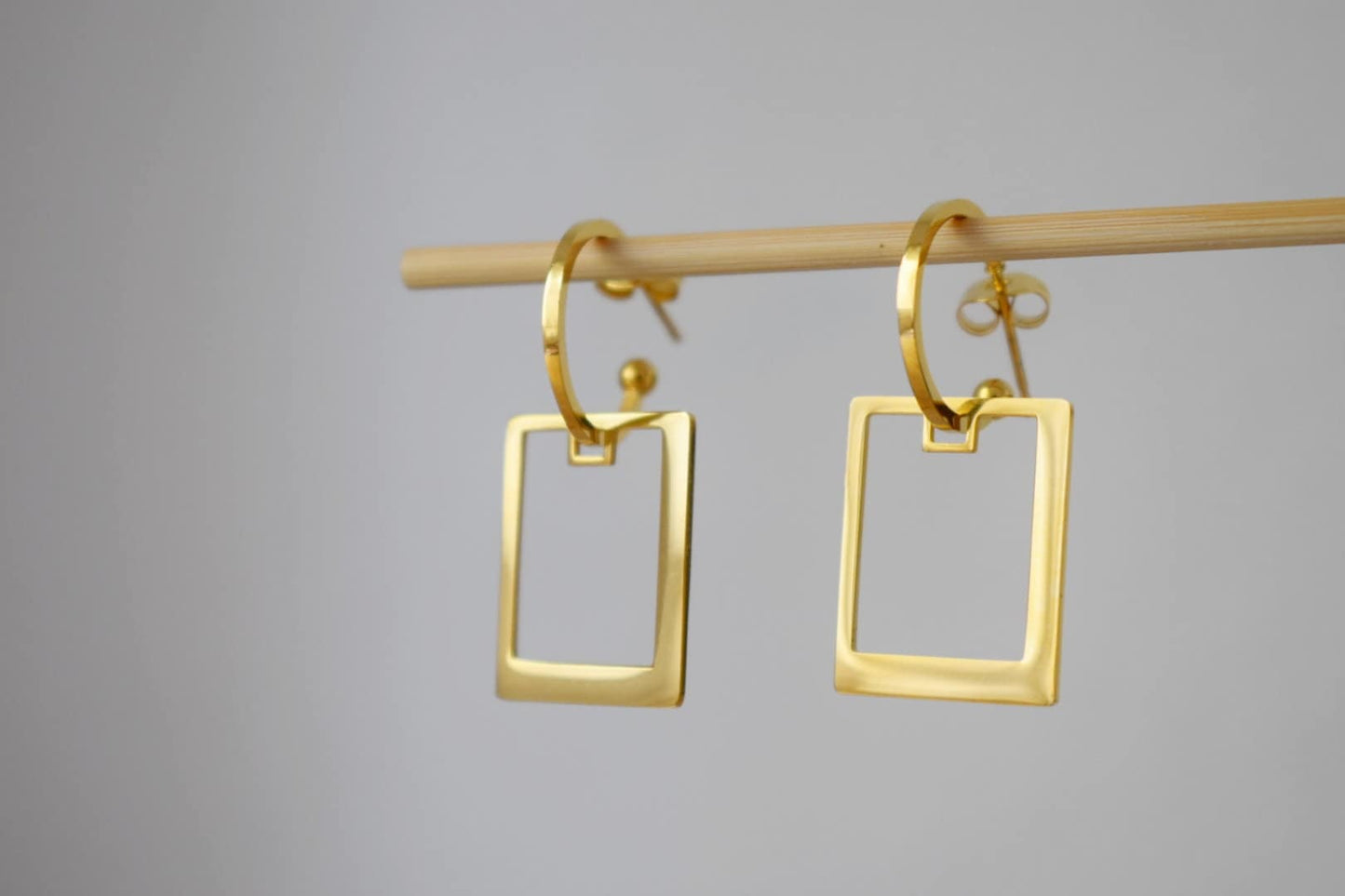 Semicircle stud earrings with rectangular pendant, Half circle gold earrings, C shape earrings, Modern statement jewelryBest christmas gift