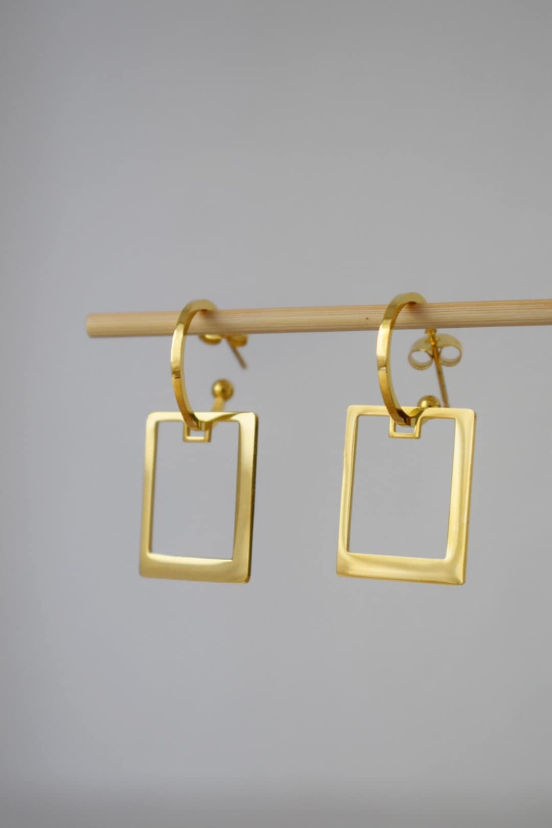 Semicircle stud earrings with rectangular pendant, Half circle gold earrings, C shape earrings, Modern statement jewelryBest christmas gift