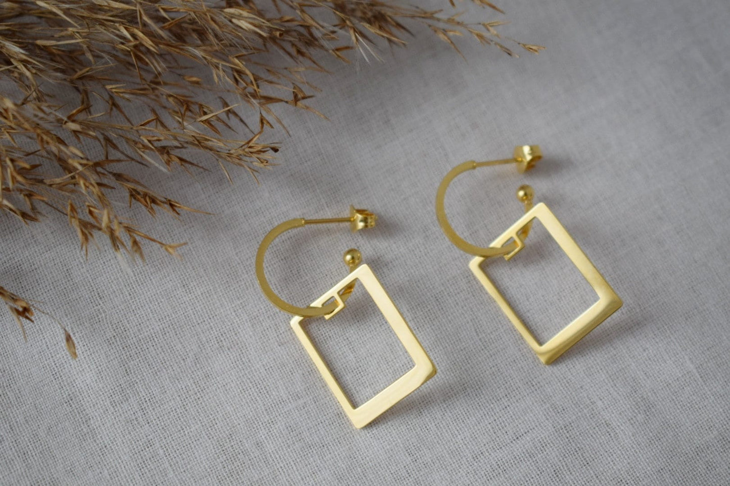Semicircle stud earrings with rectangular pendant, Half circle gold earrings, C shape earrings, Modern statement jewelryBest christmas gift