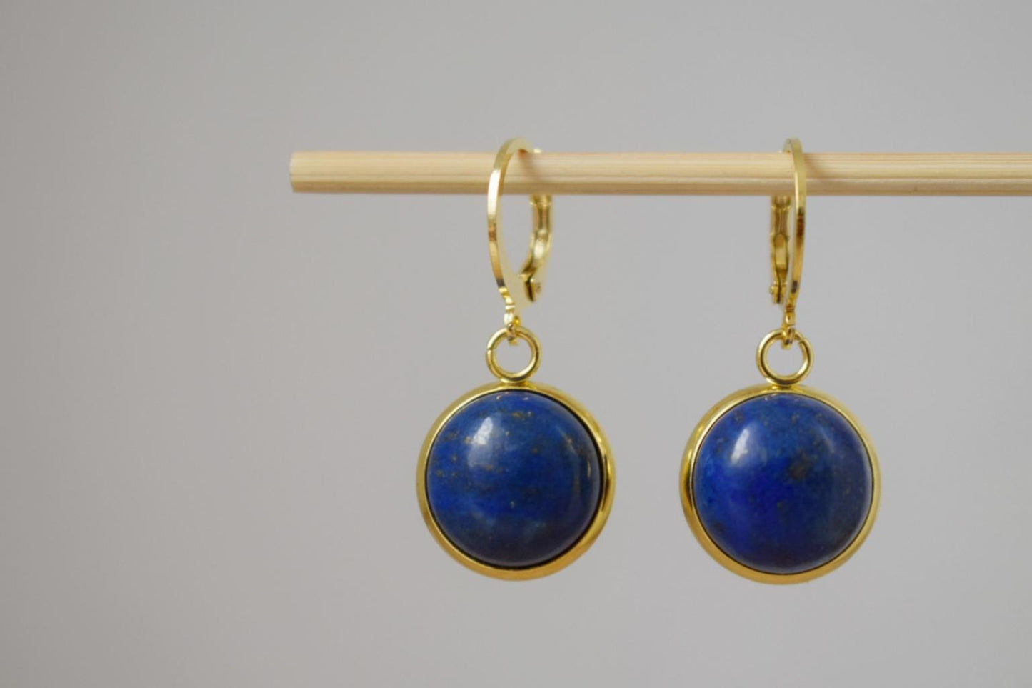 Lapis Lazuli Earrings Dangle, Huggie Blue Lapis Hanging Earrings, 24k Gold Plated, Round, 12mm, September Birthstone Jewelry, Gift for her