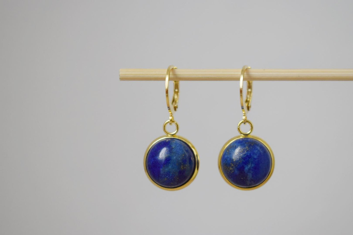 Lapis Lazuli Earrings Dangle, Huggie Blue Lapis Hanging Earrings, 24k Gold Plated, Round, 12mm, September Birthstone Jewelry, Gift for her