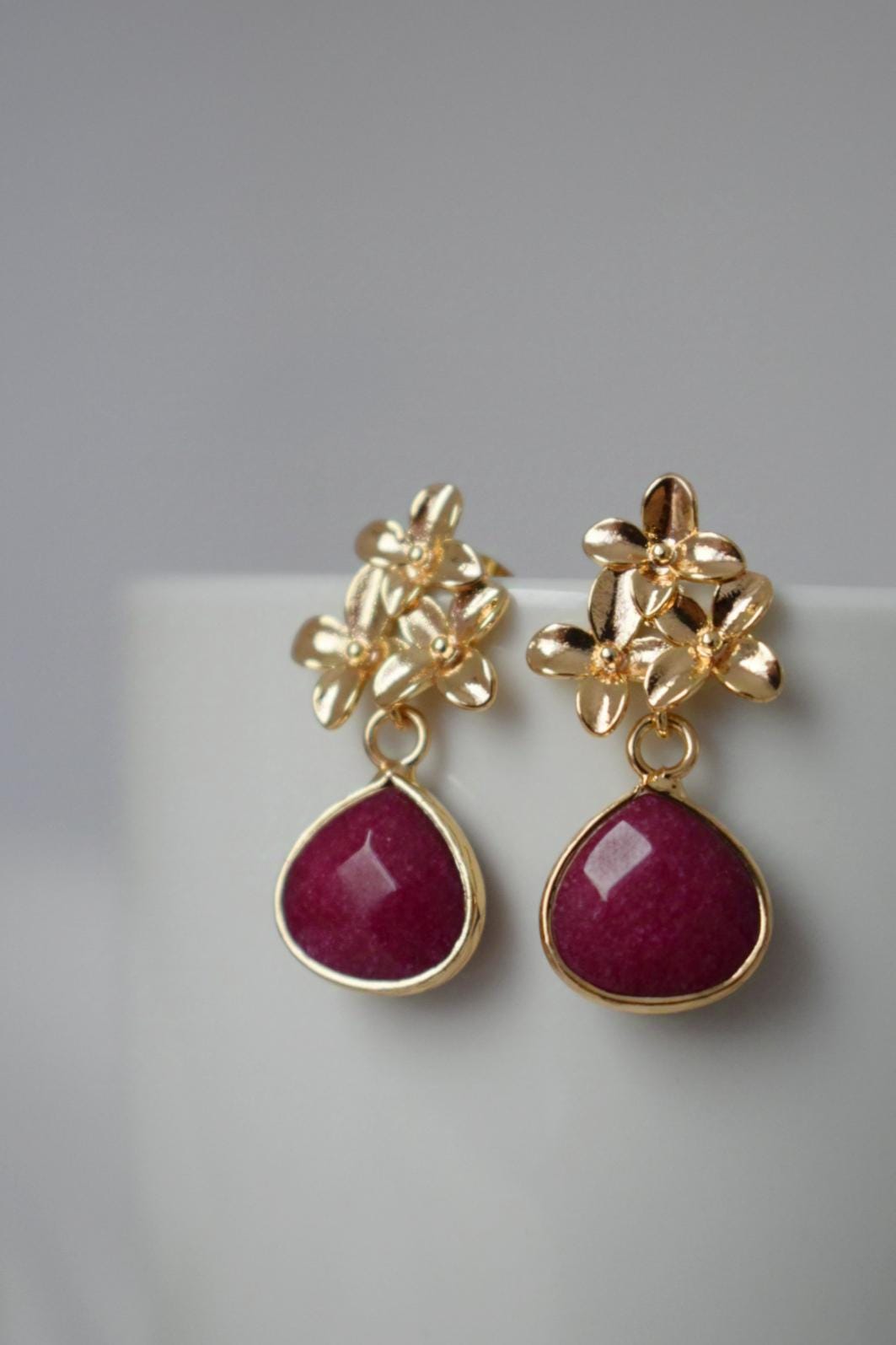 Wine Red Jade Teardrop Earrings, Burgundy Gemstone Dangle Earrings, 18K Gold Flower Stud, Handmade Jewelry, Unique Christmas Gift for Her