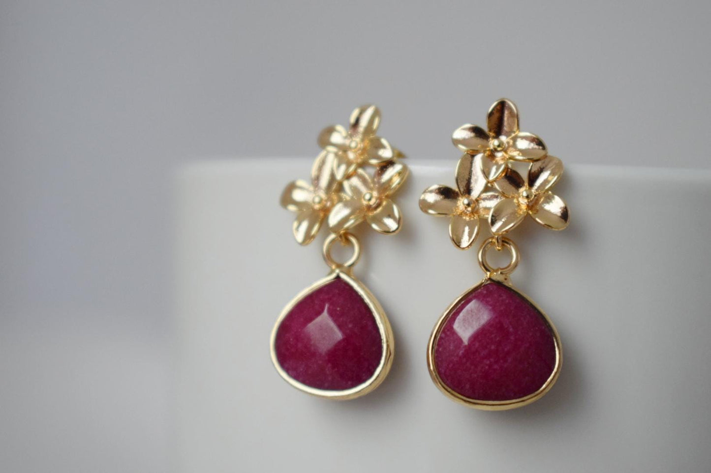 Wine Red Jade Teardrop Earrings, Burgundy Gemstone Dangle Earrings, 18K Gold Flower Stud, Handmade Jewelry, Unique Christmas Gift for Her