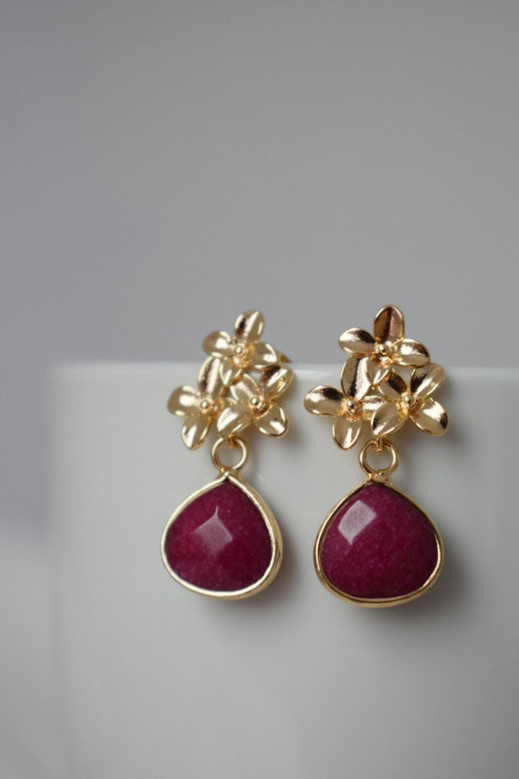 Wine Red Jade Teardrop Earrings, Burgundy Gemstone Dangle Earrings, 18K Gold Flower Stud, Handmade Jewelry, Unique Christmas Gift for Her
