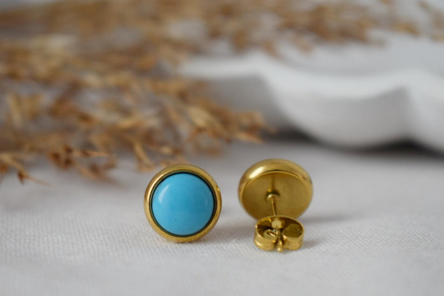 Turquoise Stud Earrings, Small Round Gemstone Earrings, 8mm Push Back Post Earrings, Unisex Gift Jewelry, Best Christmas Jewelry Gift