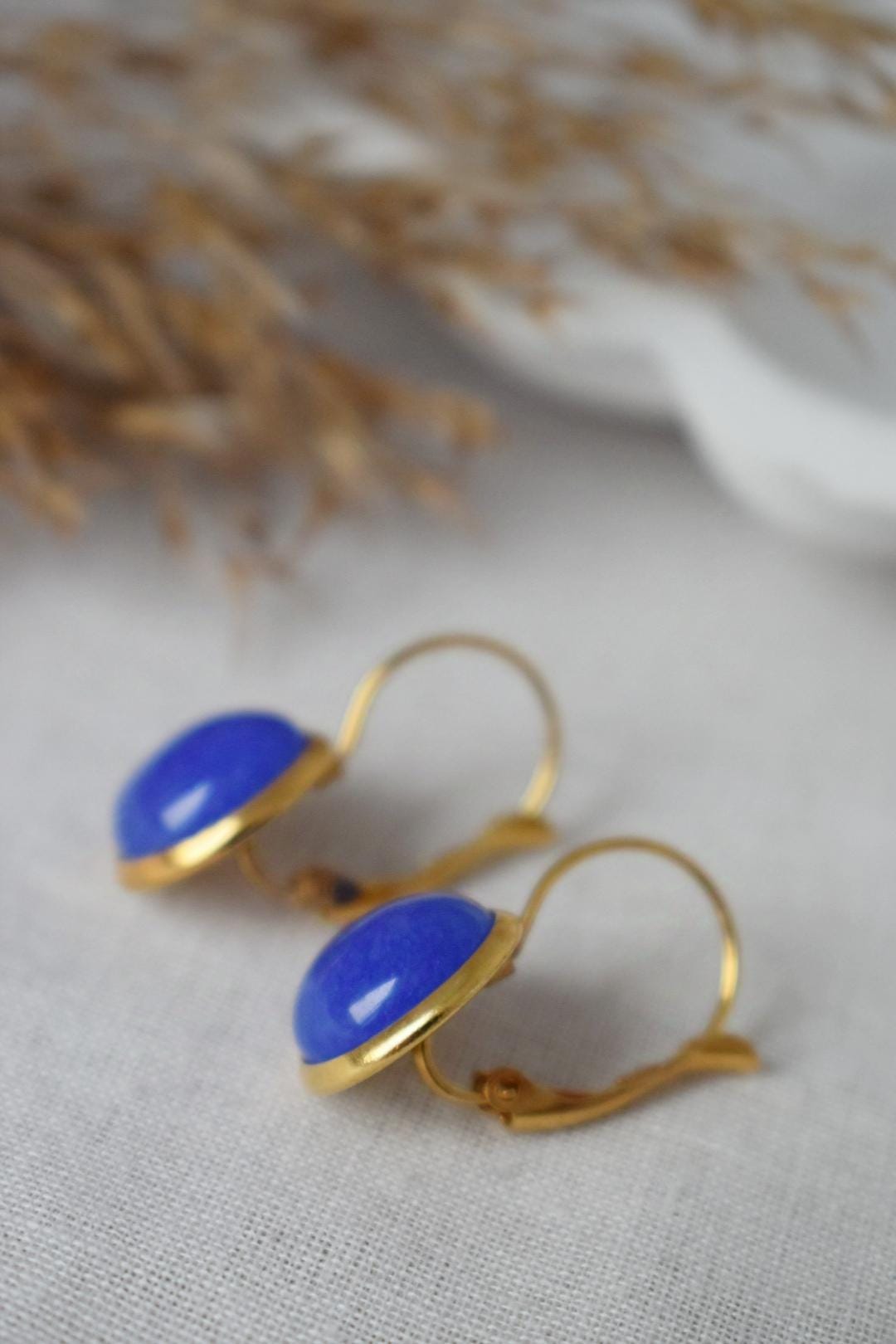 Blue Jade Earrings, Gemstone Dangle Earrings, Golden Round Stone Lever Back Earrings, Gifts For Women, Handmade Jewelry, Mother's day Gift