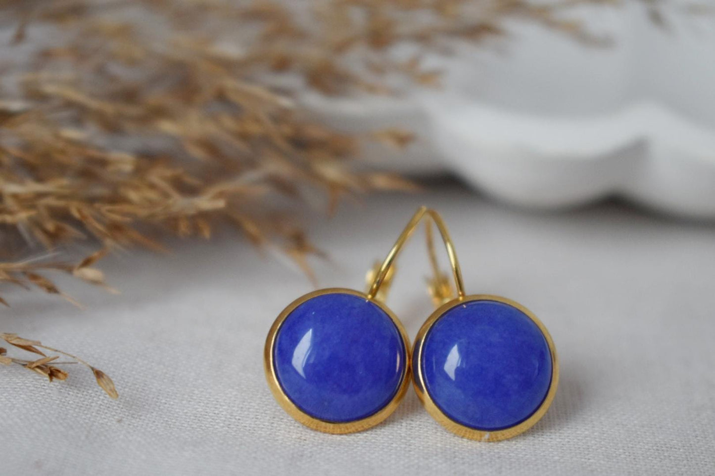 Blue Jade Earrings, Gemstone Dangle Earrings, Golden Round Stone Lever Back Earrings, Gifts For Women, Handmade Jewelry, Mother's day Gift
