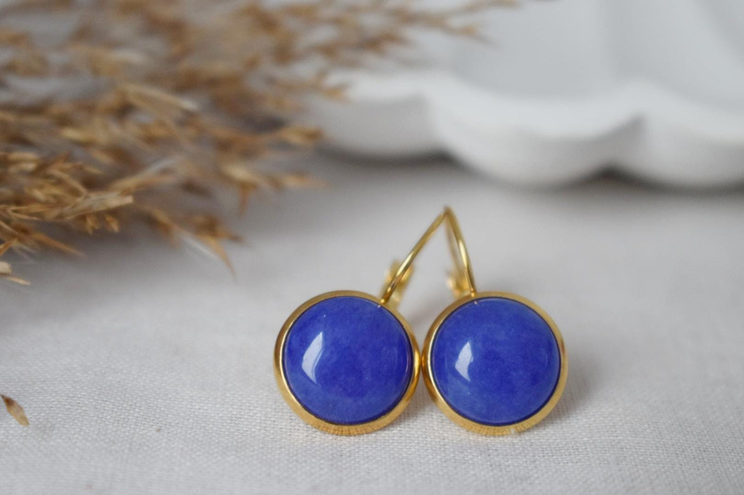 Blue Jade Earrings, Gemstone Dangle Earrings, Golden Round Stone Lever Back Earrings, Gifts For Women, Handmade Jewelry, Mother's day Gift