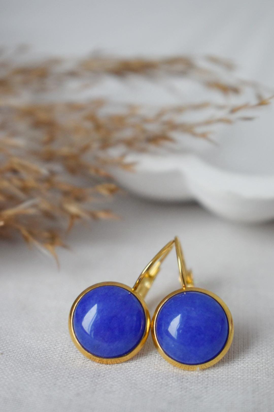 Blue Jade Earrings, Gemstone Dangle Earrings, Golden Round Stone Lever Back Earrings, Gifts For Women, Handmade Jewelry, Mother's day Gift
