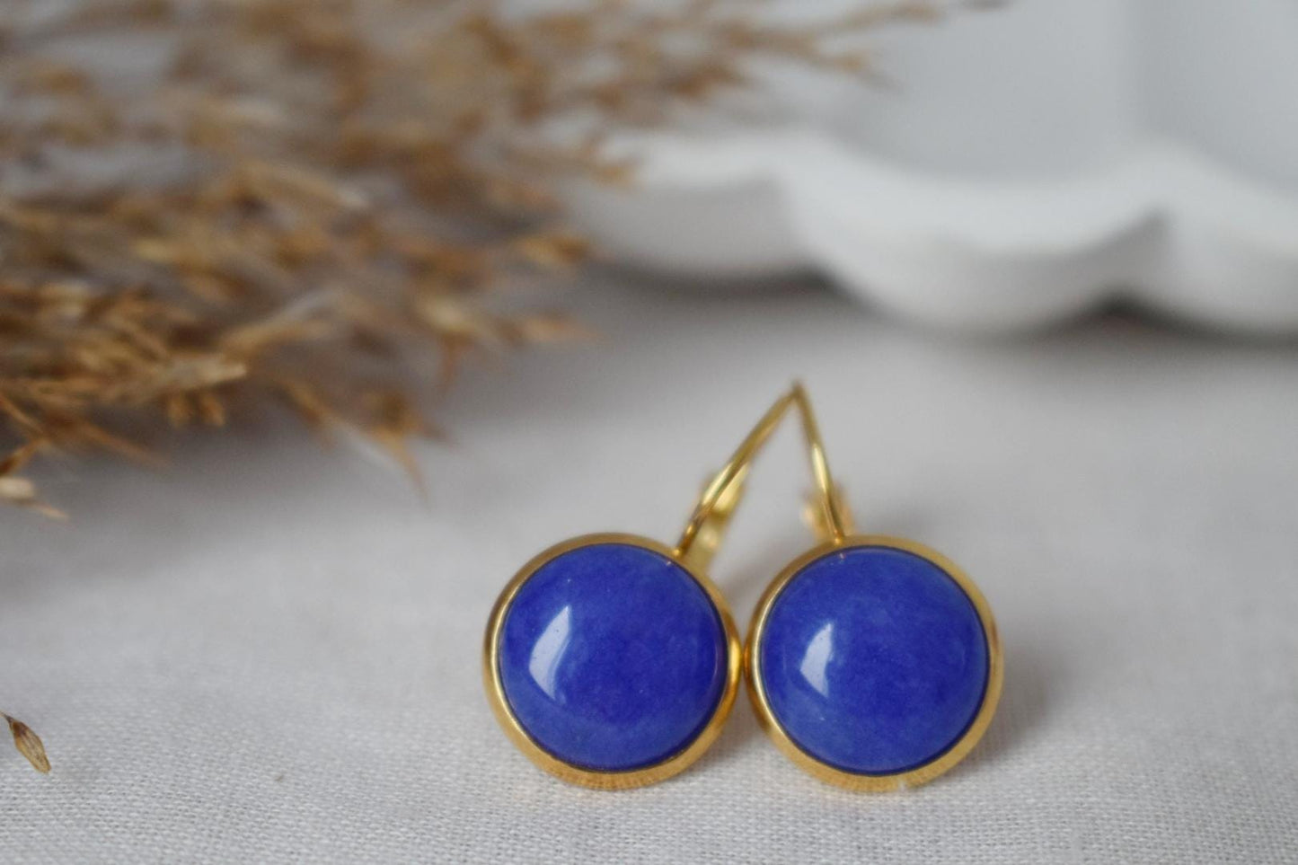 Blue Jade Earrings, Gemstone Dangle Earrings, Golden Round Stone Lever Back Earrings, Gifts For Women, Handmade Jewelry, Mother's day Gift