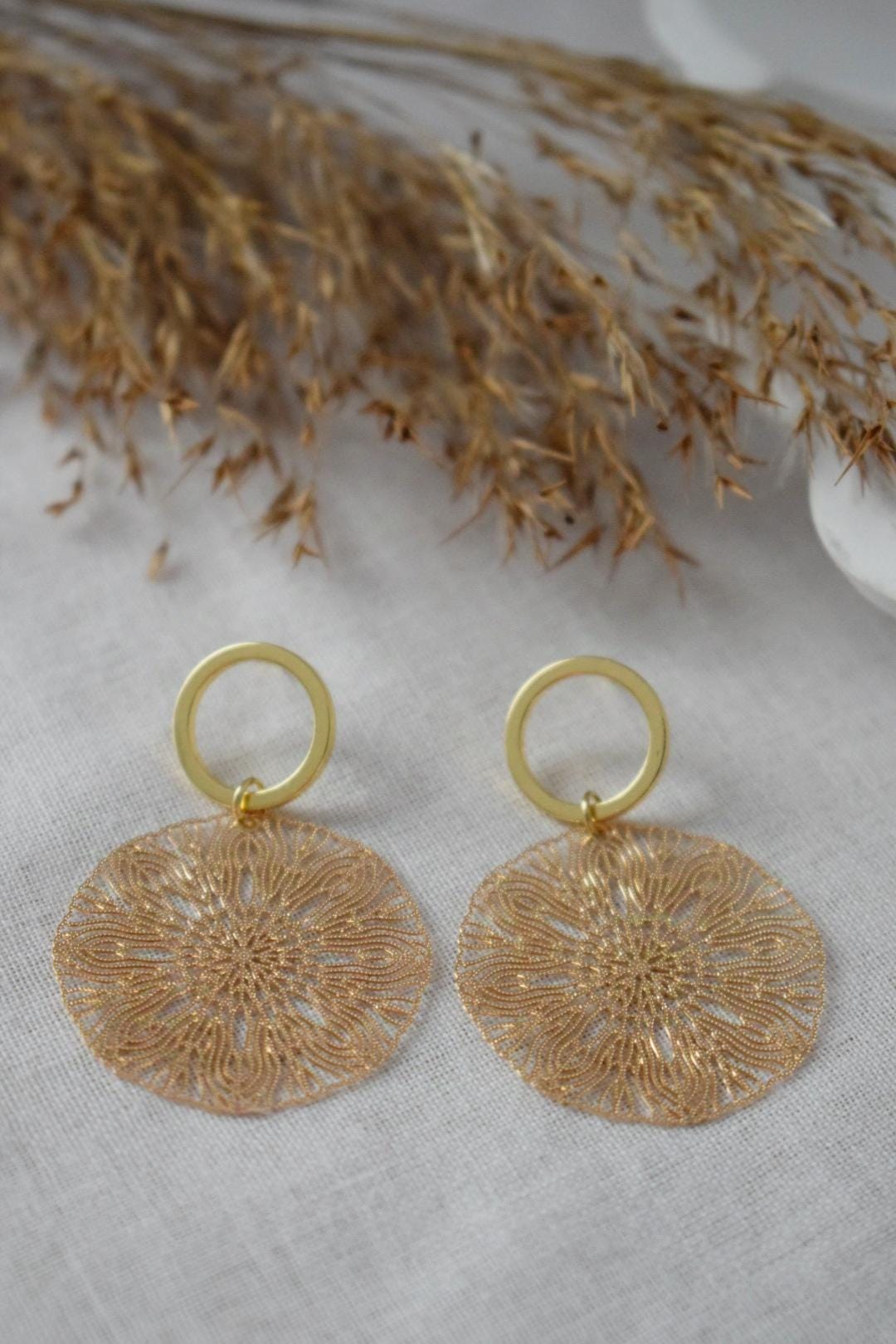 Ornament earrings for women, Mandala gold stud earrings, Boho filigree earrings, Open circle studs, Jewelry gift for her