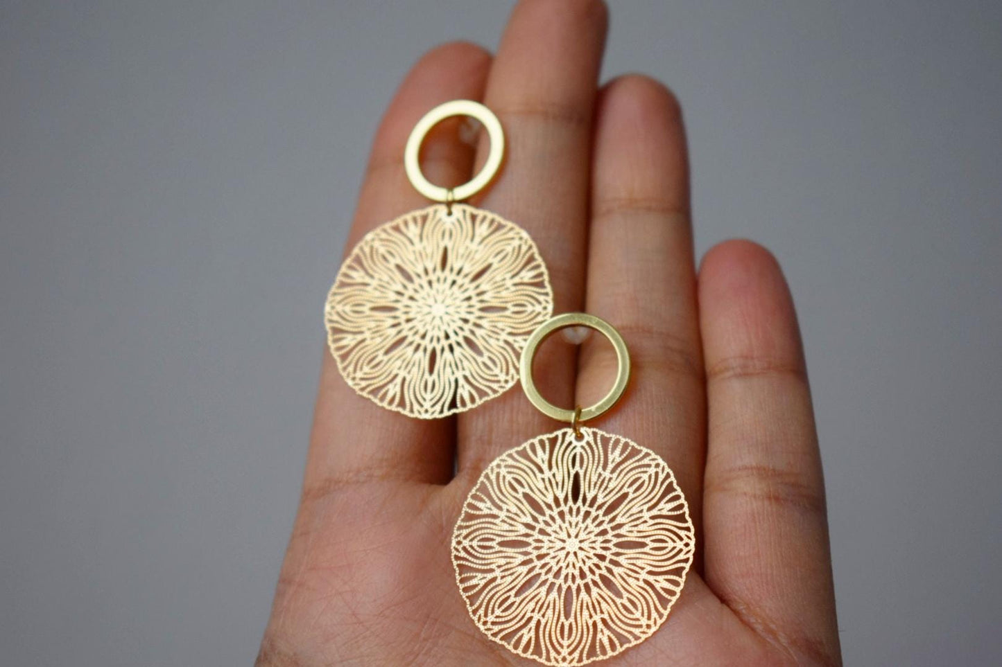 Ornament earrings for women, Mandala gold stud earrings, Boho filigree earrings, Open circle studs, Jewelry gift for her
