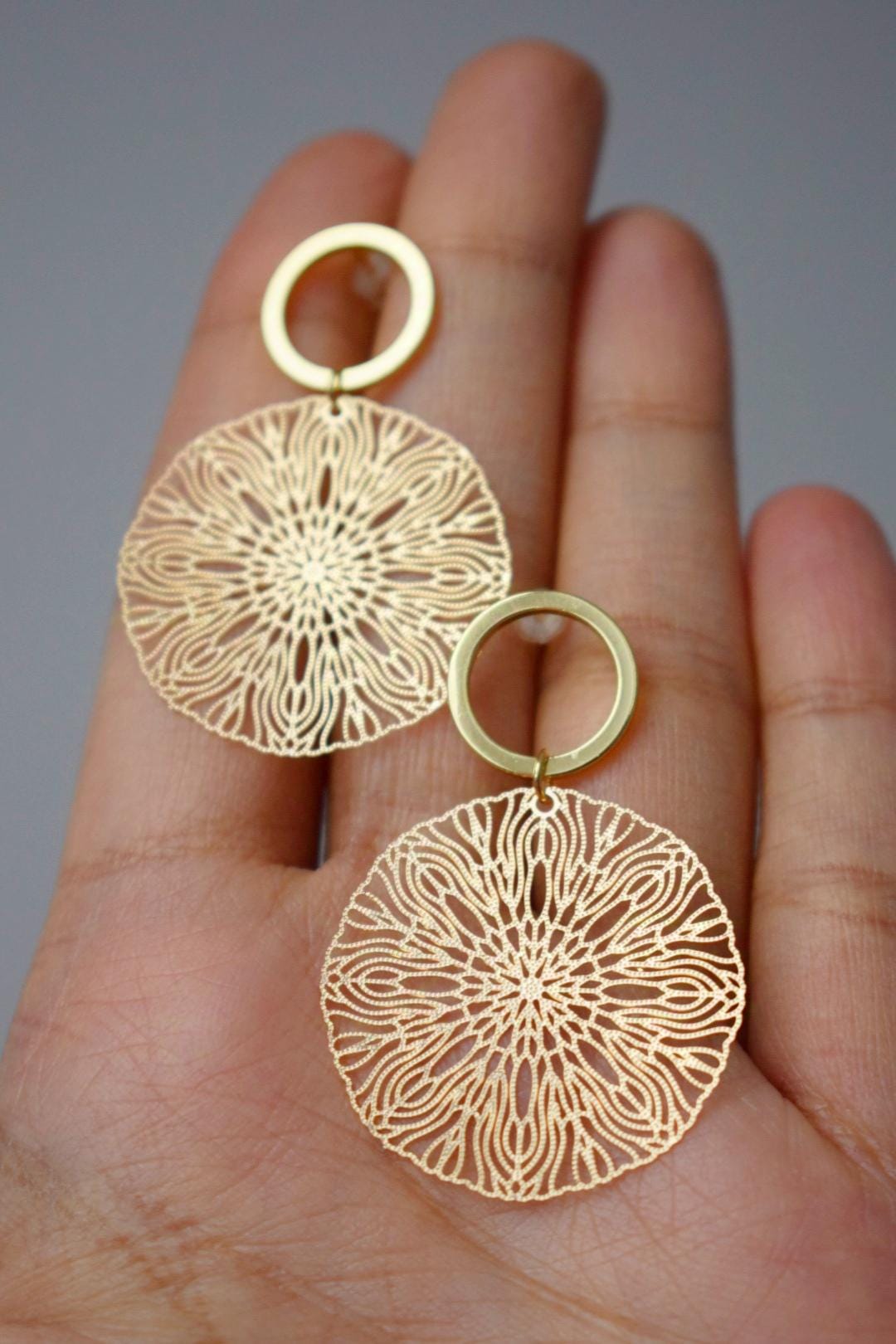 Ornament earrings for women, Mandala gold stud earrings, Boho filigree earrings, Open circle studs, Jewelry gift for her