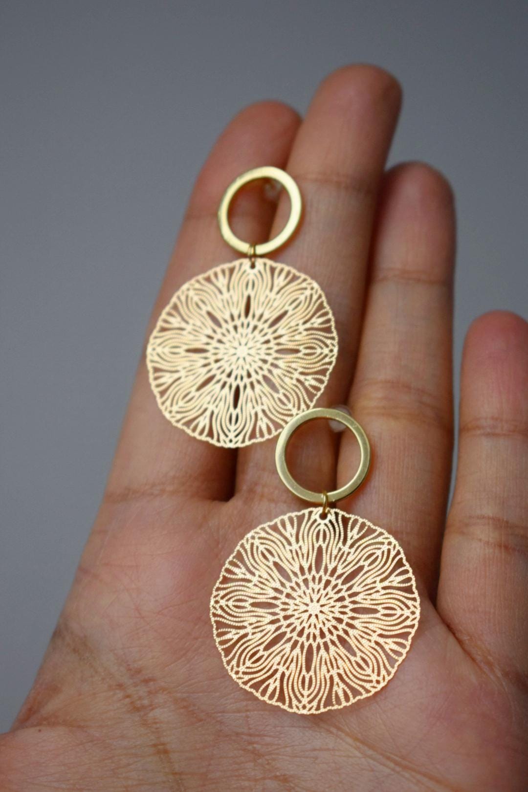 Ornament earrings for women, Mandala gold stud earrings, Boho filigree earrings, Open circle studs, Jewelry gift for her