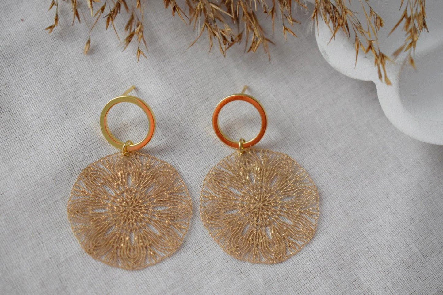 Ornament earrings for women, Mandala gold stud earrings, Boho filigree earrings, Open circle studs, Jewelry gift for her