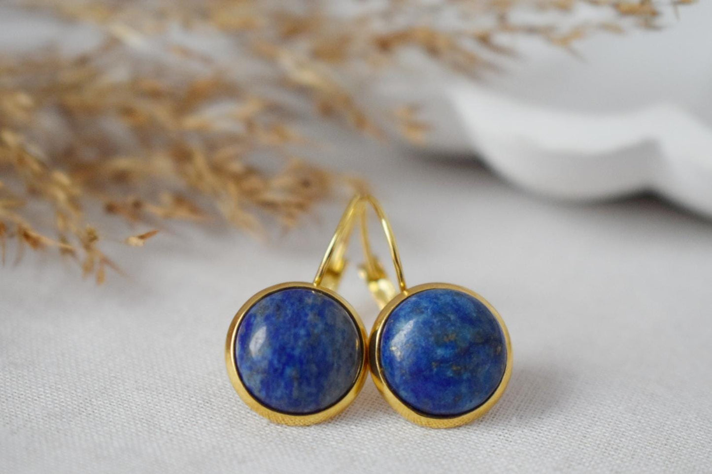 Lapis Lazuli Gold Earrings Dangle, Blue Lapis Earrings, Lever back earrings, Round, 12mm, September Birthstone Jewelry, Lapis, Gift for her