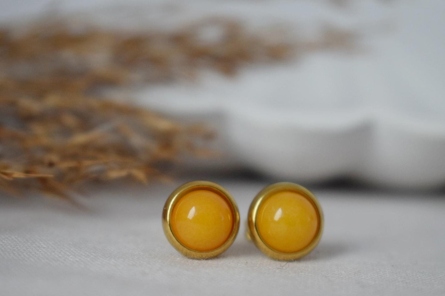 Yellow jade stud earrings, Small round gemstone earrings, Push back earrings, Handmade jewelry, Handmade gift for her