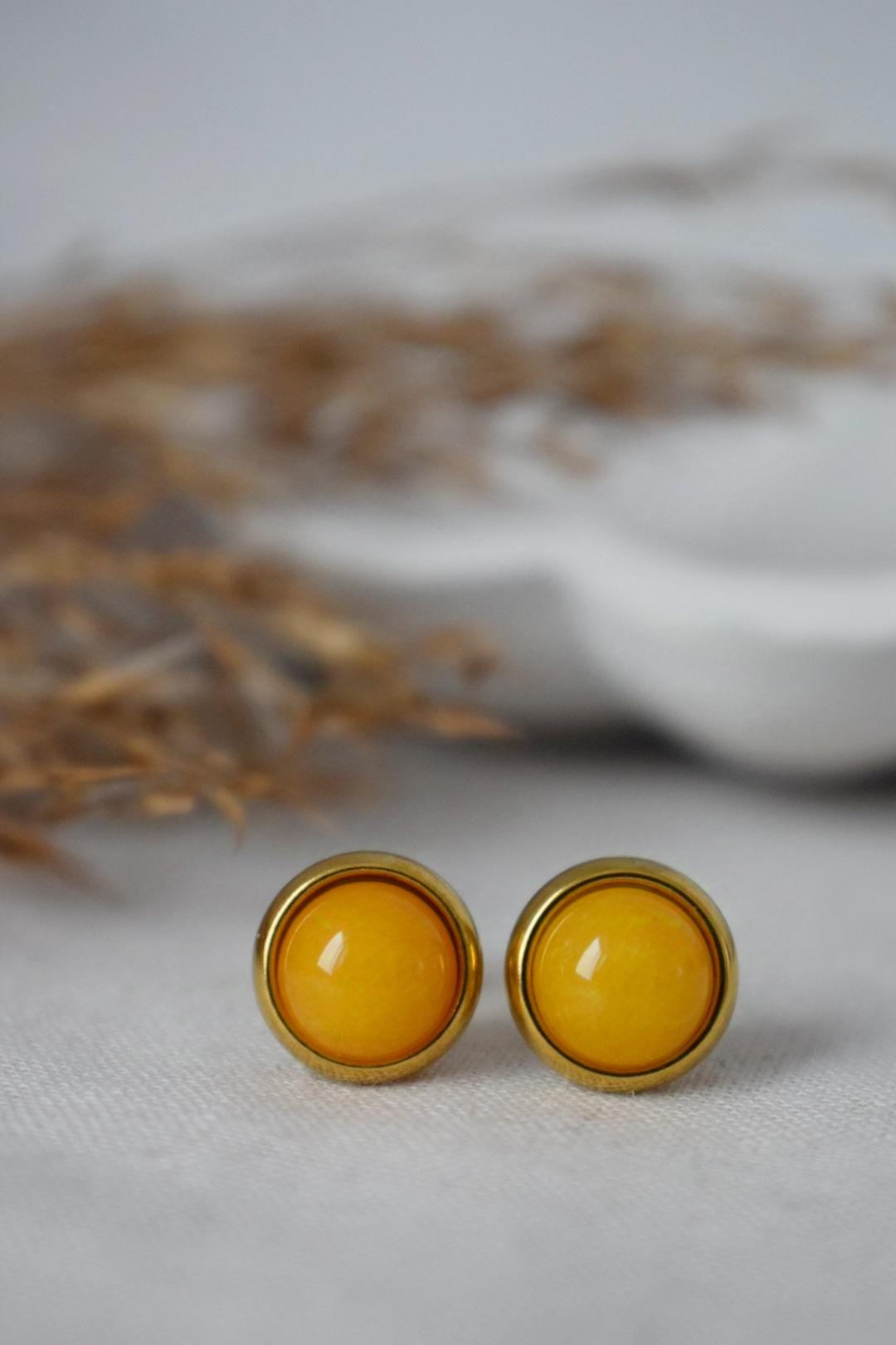 Yellow jade stud earrings, Small round gemstone earrings, Push back earrings, Handmade jewelry, Handmade gift for her