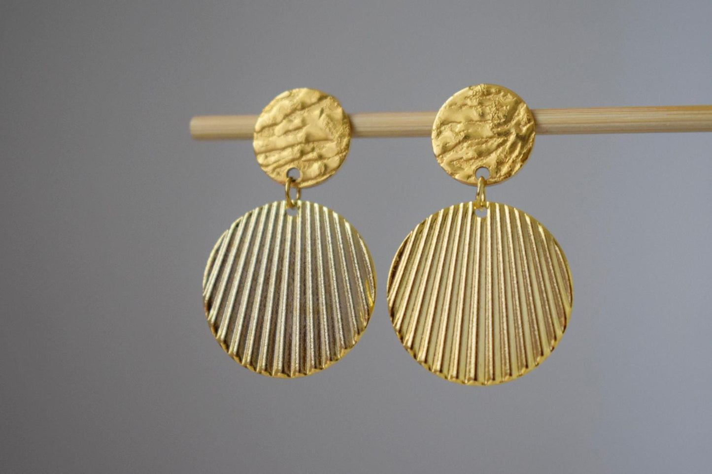 Boho golden earrings, Statement disc dangle earrings, Round corrugated plate pendant, Circle earrings, Unique jewelry gift for her