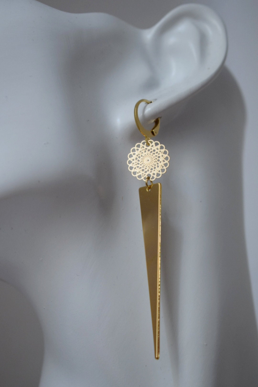 Golden mandala earrings with triangle pendant, Huggie hoops, Long geometric hanging dangle and drop earrings, Best jewelry gift for her