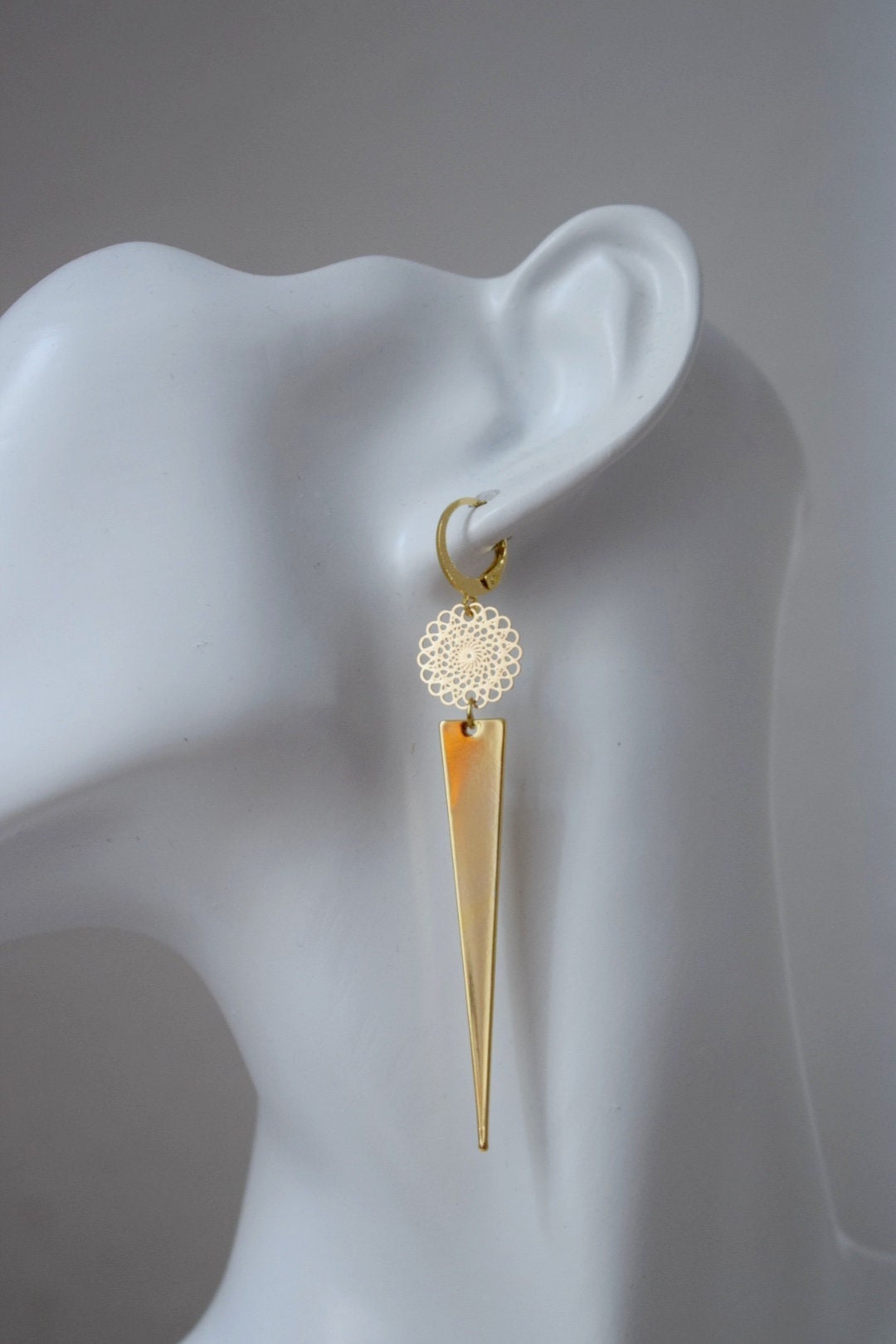 Golden mandala earrings with triangle pendant, Huggie hoops, Long geometric hanging dangle and drop earrings, Best jewelry gift for her