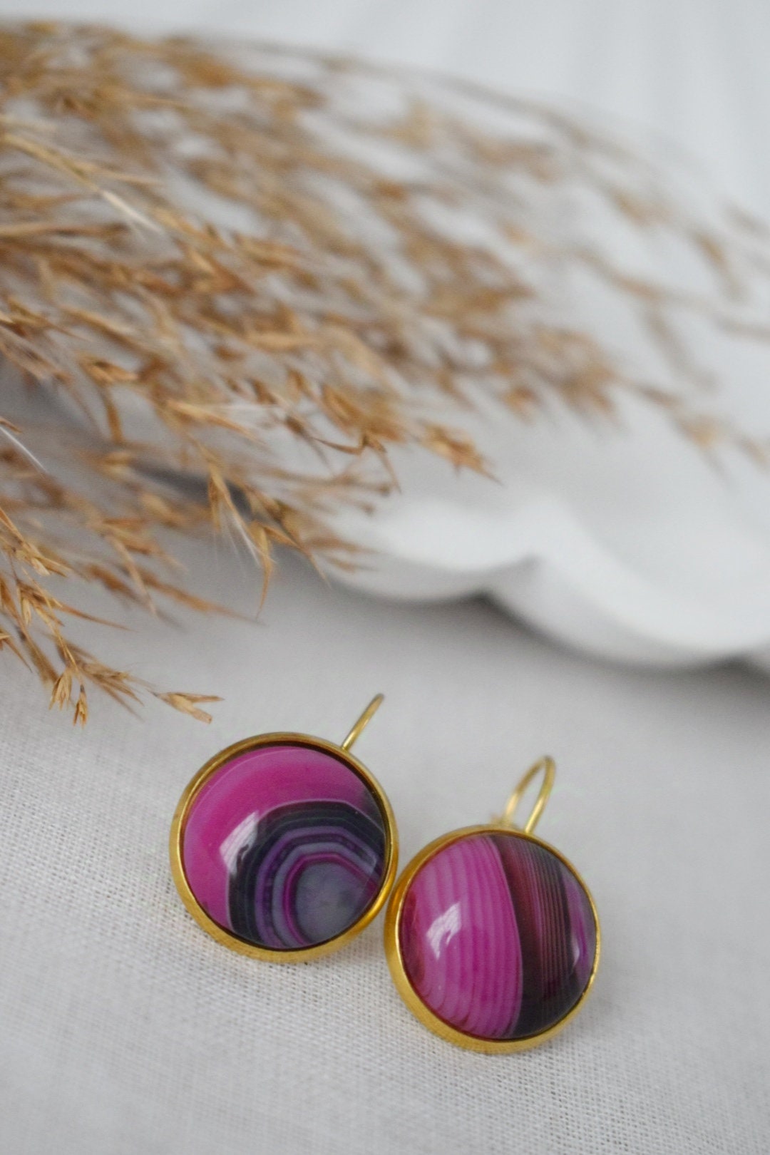 Pink Earrings Banded Agate, Gemstone lever back earrings, Pink Gold, Stainless Steel, Stone dangle earrings, Unique Jewelry, Gift for her