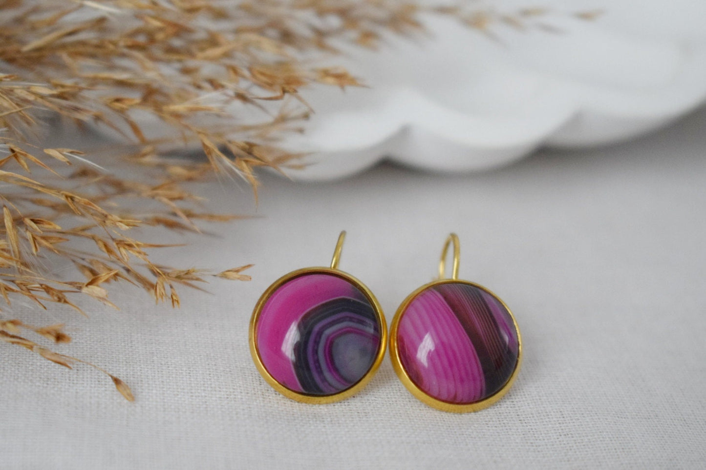 Pink Earrings Banded Agate, Gemstone lever back earrings, Pink Gold, Stainless Steel, Stone dangle earrings, Unique Jewelry, Gift for her