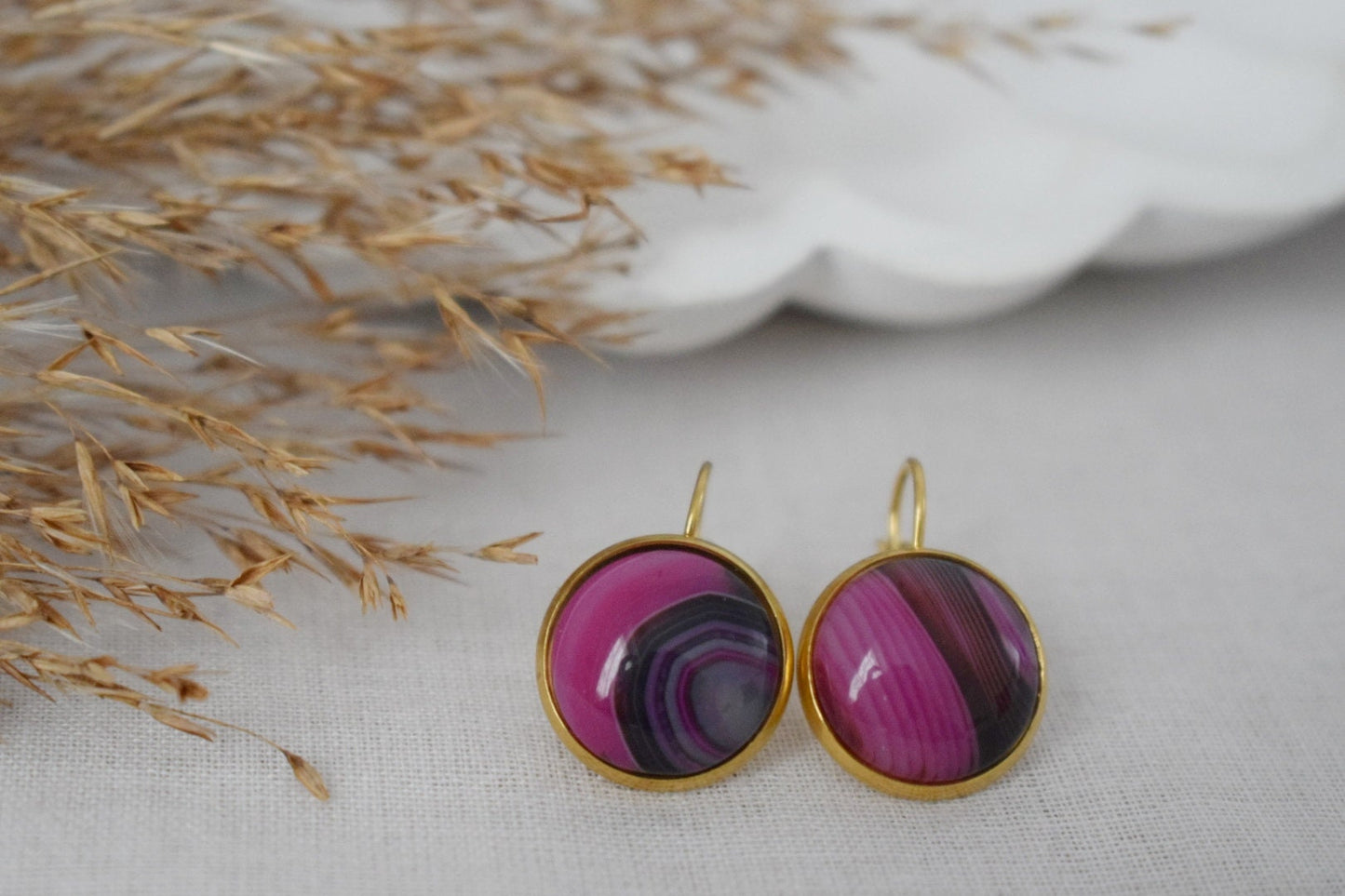 Pink Earrings Banded Agate, Gemstone lever back earrings, Pink Gold, Stainless Steel, Stone dangle earrings, Unique Jewelry, Gift for her