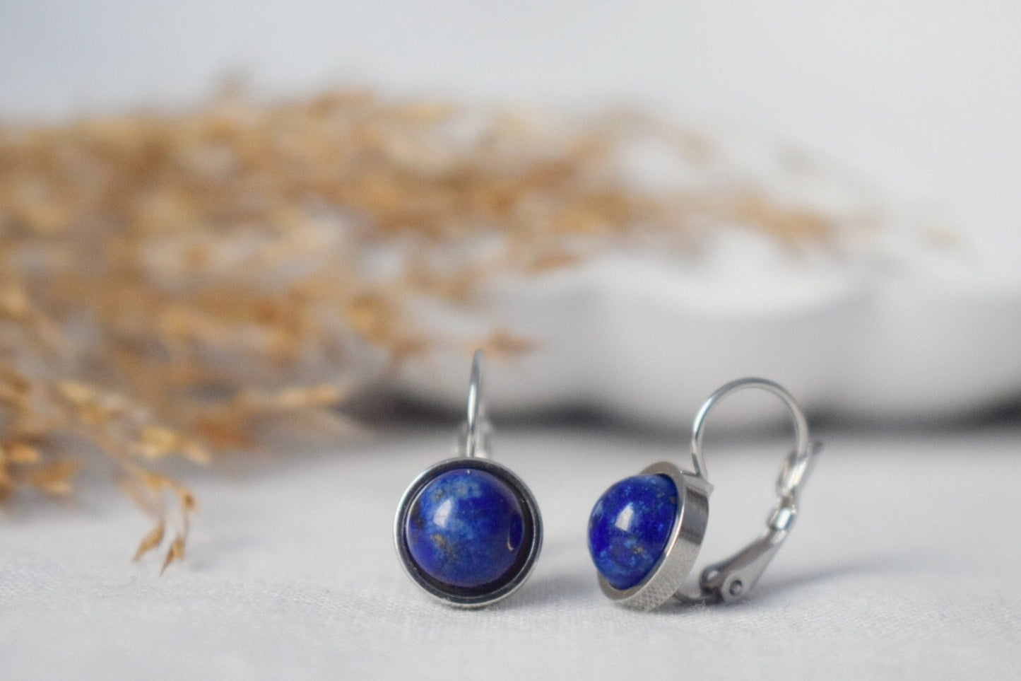 Small Lapis Lazuli Earrings Dangle, Blue Gemstone Earrings, 10mm Lever back earrings, Round Stone, September Birthstone Jewelry, Gift