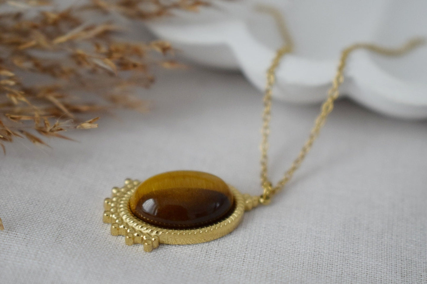 Tigers Eye Necklace Gold, Oval Gemstone Victorian Necklace For Women, Unique Pendant, Stone Statement Necklace, Best Jewelry Gift For Her