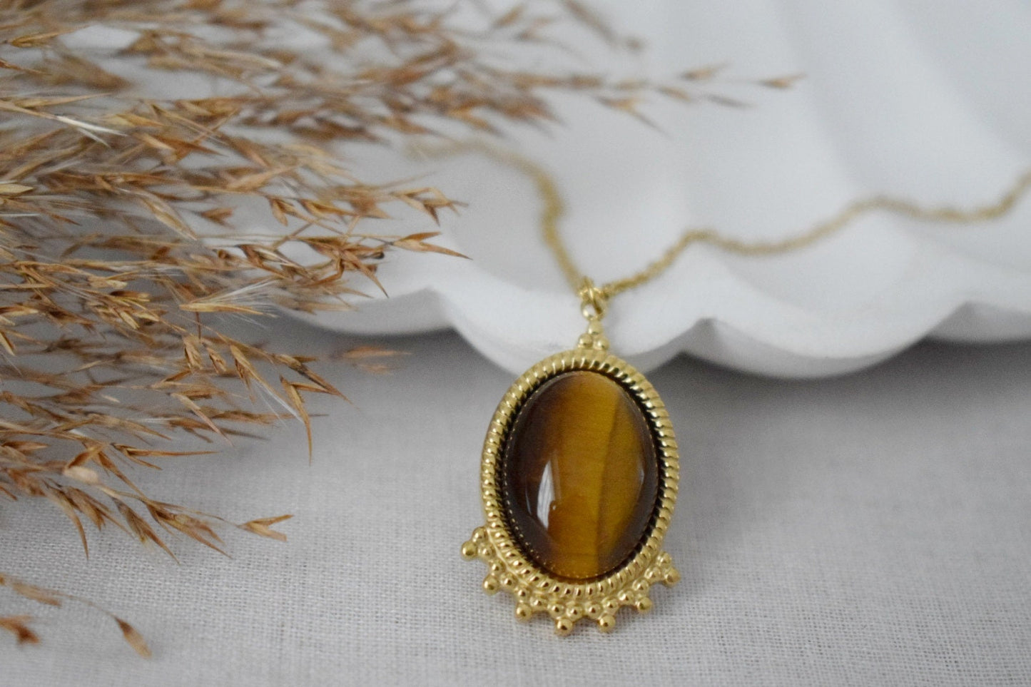 Tigers Eye Necklace Gold, Oval Gemstone Victorian Necklace For Women, Unique Pendant, Stone Statement Necklace, Best Jewelry Gift For Her